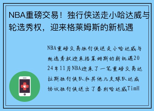 NBA重磅交易！独行侠送走小哈达威与轮选秀权，迎来格莱姆斯的新机遇