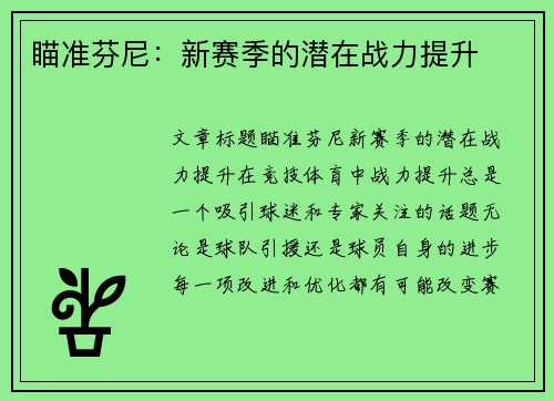瞄准芬尼：新赛季的潜在战力提升