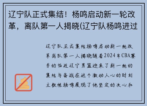 辽宁队正式集结！杨鸣启动新一轮改革，离队第一人揭晓(辽宁队杨鸣进过国家队吗)